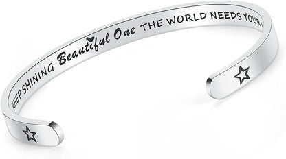 Aryahozel Motivational Cuff Bracelet for Women Girls, Personalized Jewelry Gifts for Her Daughter Mom Sister Niece Best Friends, Engraved Different Sayings Apparel & Accessories > Jewelry > Bracelets AryaHozel Keep Shining Beautiful One The World Needs Your Light  