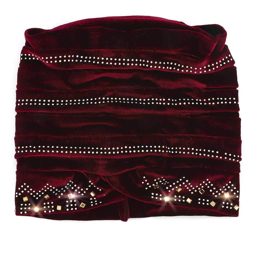 Bohend Vintage Rhinestone Turban Sleep Headwrap Wide Sparkly Sleep Turban Headband Crystal Muslim Hat Headwear Beanie Pre-Tied Bonnet Velvet Hat Cap Hair Wrap for Women and Girls (Wine Red) Apparel & Accessories > Clothing Accessories > Headwear Bohend   