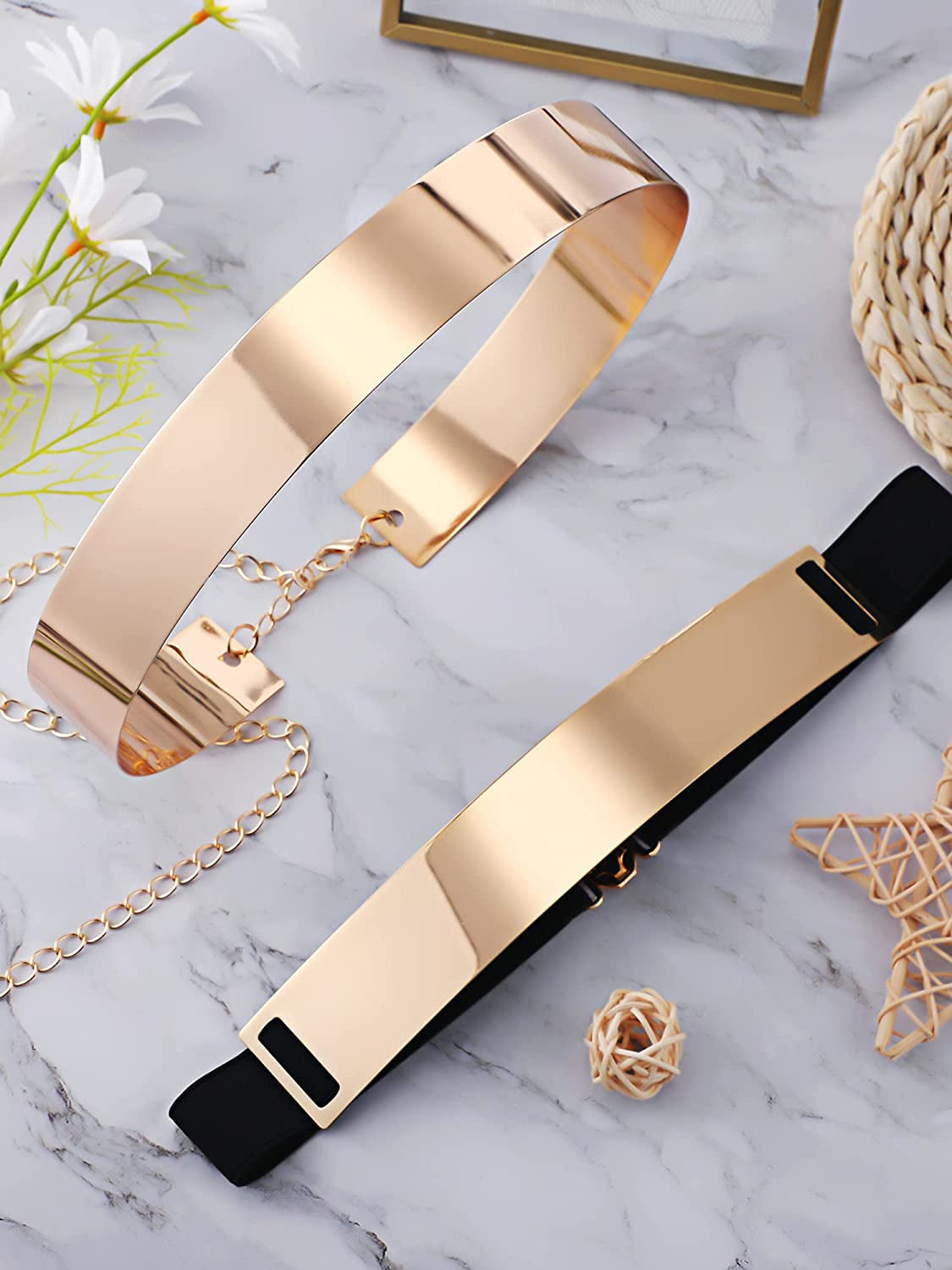 Gold Belts for Women 2 Pieces Metal Belt Gold Metal Polished Dress Belt Christmas Shinny Mirror Waist Chain Belt Adjustable Apparel & Accessories > Clothing Accessories > Belts Geyoga   