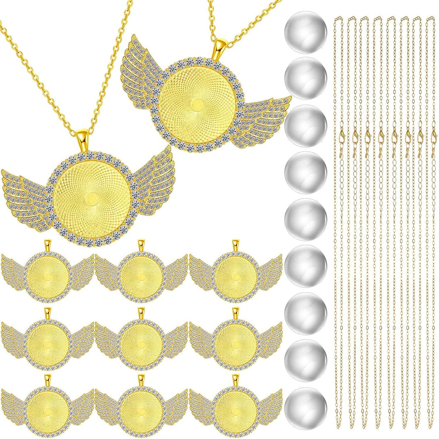 27 Pieces Rhinestone Wing Bezel Pendant Trays and Glass Cabochons and Lobster Clasps Chains Rhinestone Bezel Pendant Trays Set for DIY Jewelry Crafts Making Supplies Gold