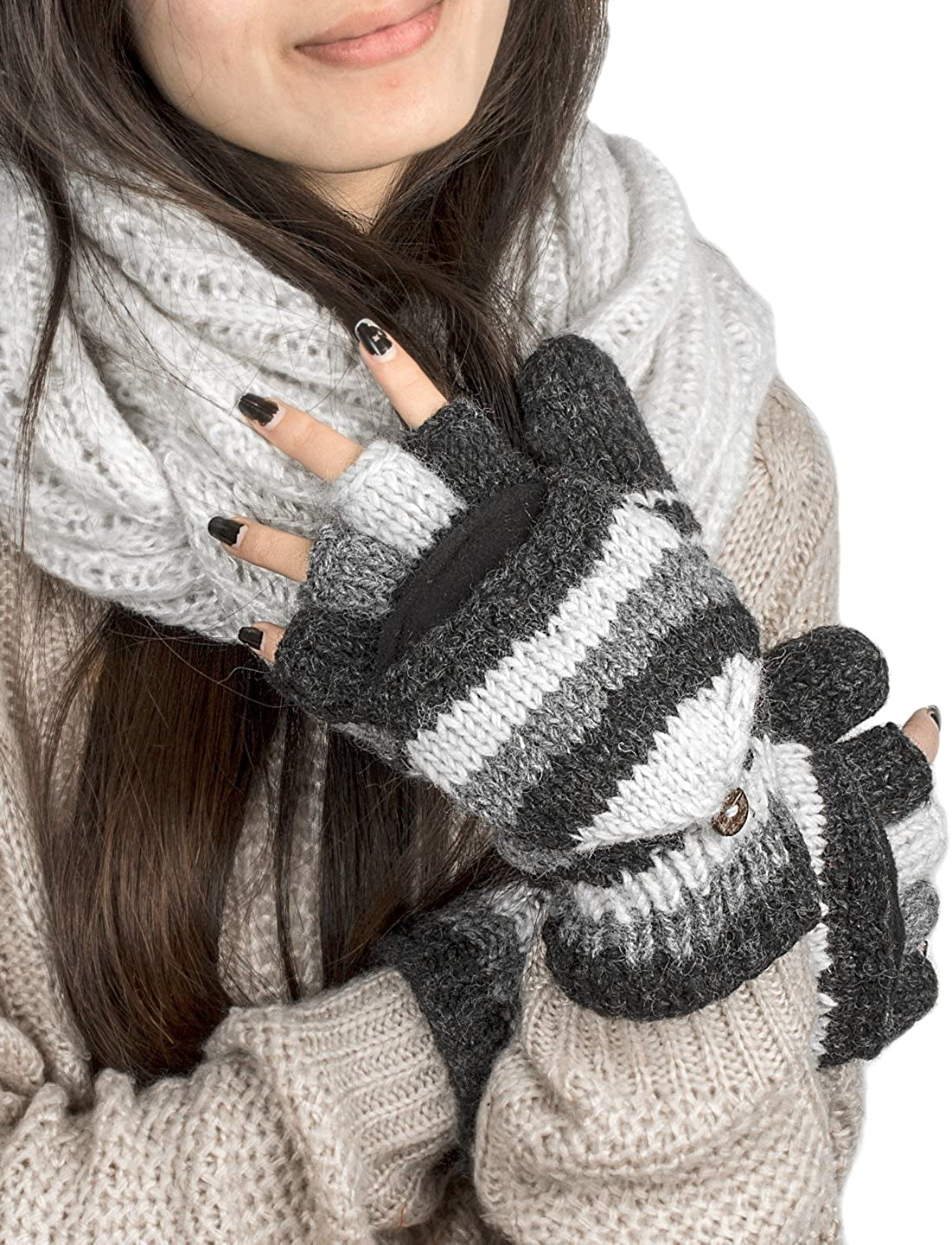 Gloves Winter Women Warm, Wool Mittens for Women, Womens Mittens Winter, Convertible Mitten, Cable Knit Womens Mittens Fleece Apparel & Accessories > Clothing Accessories > Gloves & Mittens Tribe Azure Fair Trade Grey  