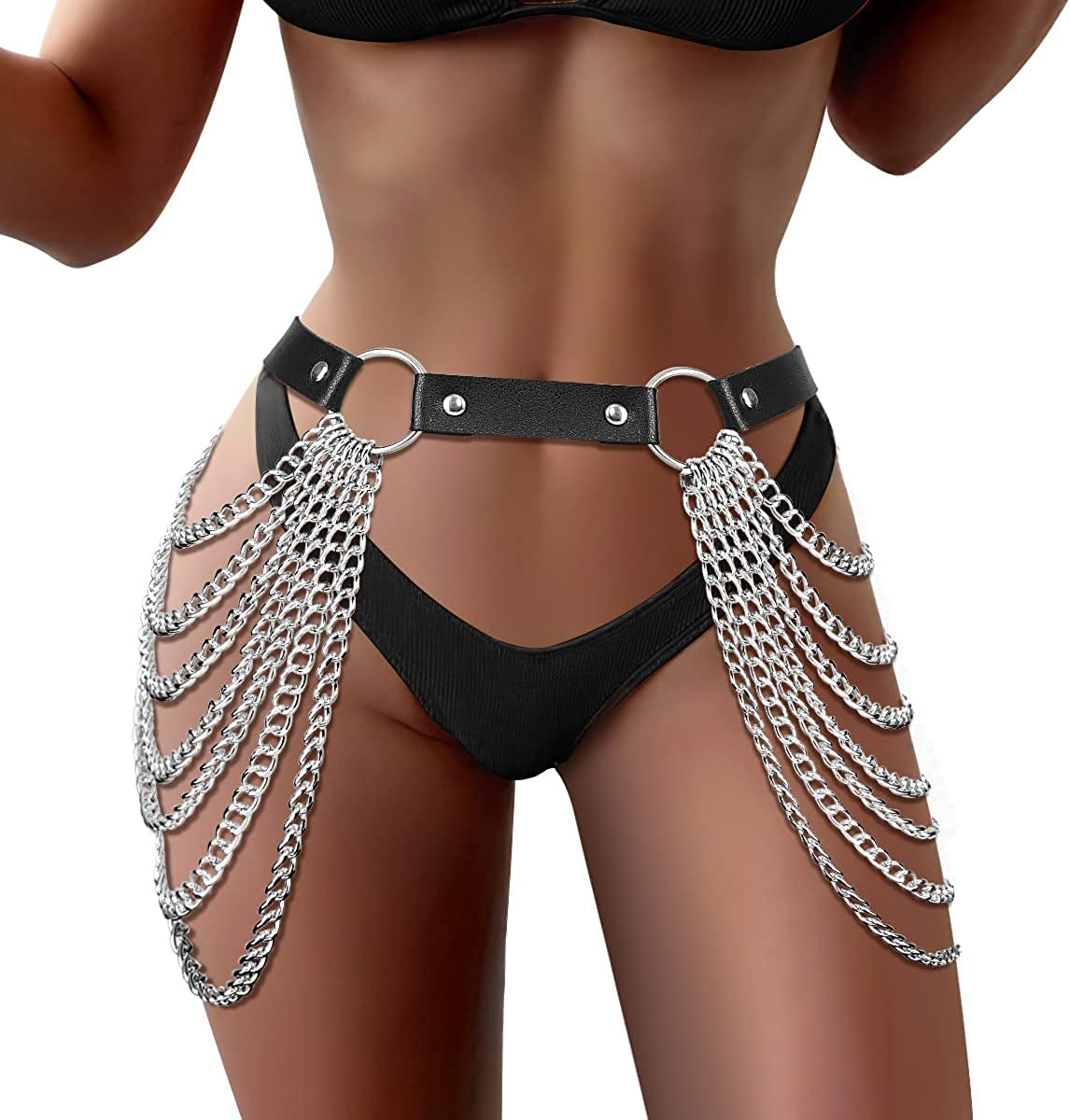 DOTASI Punk Leather Chain Belt Black Layered Body Chain Jewelry Accessory for Women and Girls Apparel & Accessories > Jewelry > Body Jewelry DOTASI   