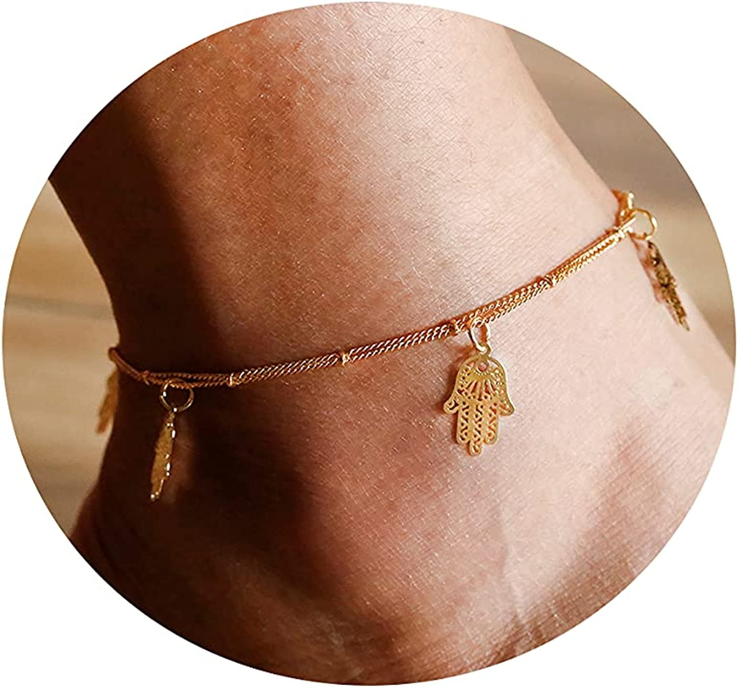 Tasiso 14K Gold Plated Layered Satellite Beads Heart Anklets Layering Rhinestone Cubic Zirconia Ankle Bracelets for Women Minimalist Summer Beach Foot Chain Ankle Jewelry Gifts Apparel & Accessories > Jewelry > Anklets Tasiso Hamsa Hand-Gold  