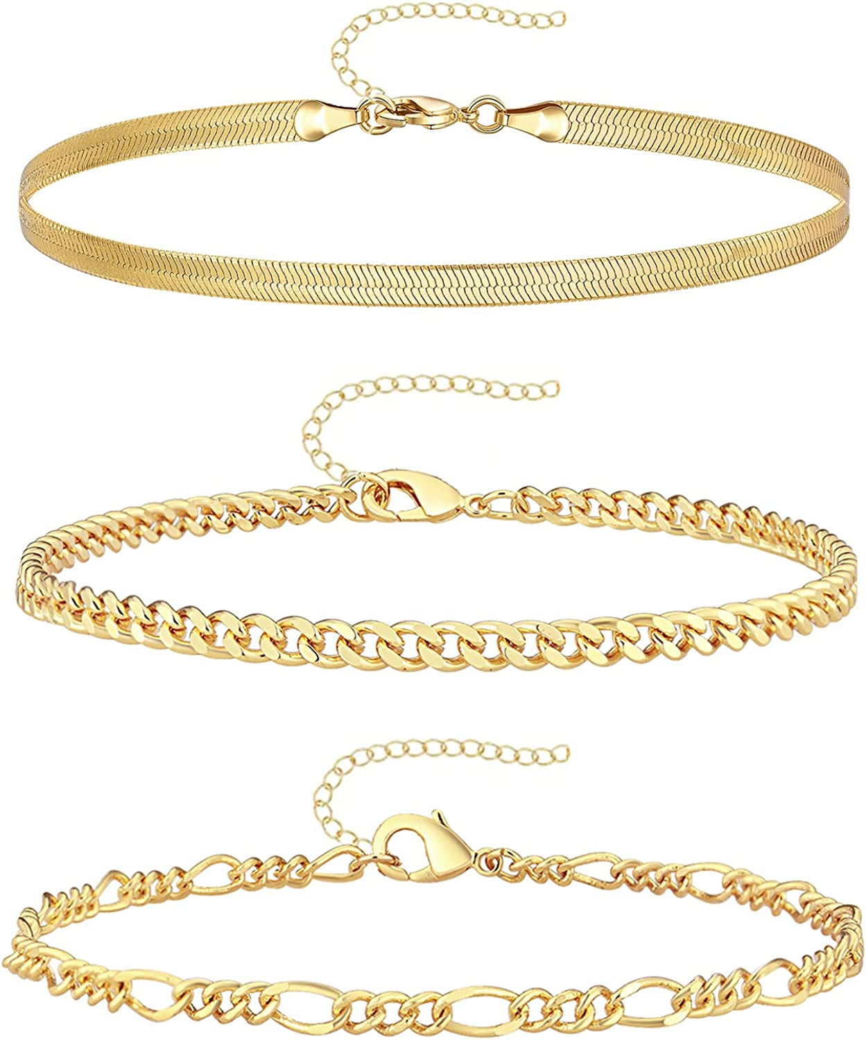 Reoxvo Dainty Gold Chain Bracelets Set for Women 14K Real Gold Plated Link Chain Bracelets for Women Trendy Gold Stackable Bracelets for Women Adjustable 7"+2" Apparel & Accessories > Jewelry > Bracelets Reoxvo Style 06  
