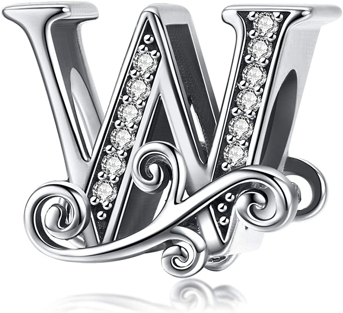 Solid 925 Sterling Silver with Cubic Stones, Complete A~Z Gift Options Alphabet Charm Letter Beads Fit Pandora European Bracelets Apparel & Accessories > Jewelry > Bracelets ABAOLALA ALPHABET W  