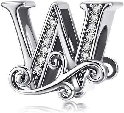 Solid 925 Sterling Silver with Cubic Stones, Complete A~Z Gift Options Alphabet Charm Letter Beads Fit Pandora European Bracelets Apparel & Accessories > Jewelry > Bracelets ABAOLALA ALPHABET W  