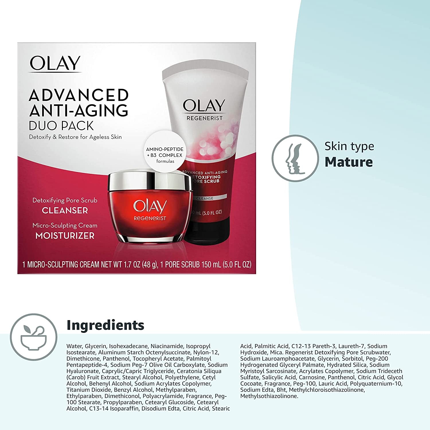 Face Wash by Olay Regenerist Advanced Anti-Aging Pore Scrub Cleanser (5.0 Oz) and Micro-Sculpting Face Moisturizer Cream (1.7 Oz) Skin Care Duo Pack, Total 6.7 Ounces Packaging May Vary Health & Beauty > Personal Care > Cosmetics > Cosmetic Tools > Skin Care Tools Olay   