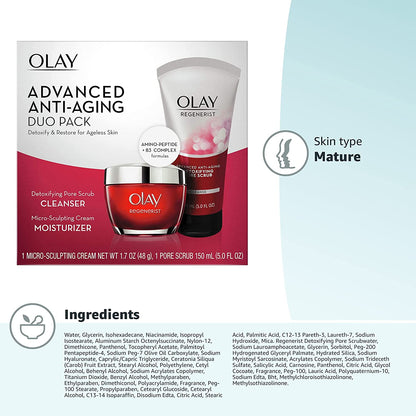 Face Wash by Olay Regenerist Advanced Anti-Aging Pore Scrub Cleanser (5.0 Oz) and Micro-Sculpting Face Moisturizer Cream (1.7 Oz) Skin Care Duo Pack, Total 6.7 Ounces Packaging May Vary Health & Beauty > Personal Care > Cosmetics > Cosmetic Tools > Skin Care Tools Olay   