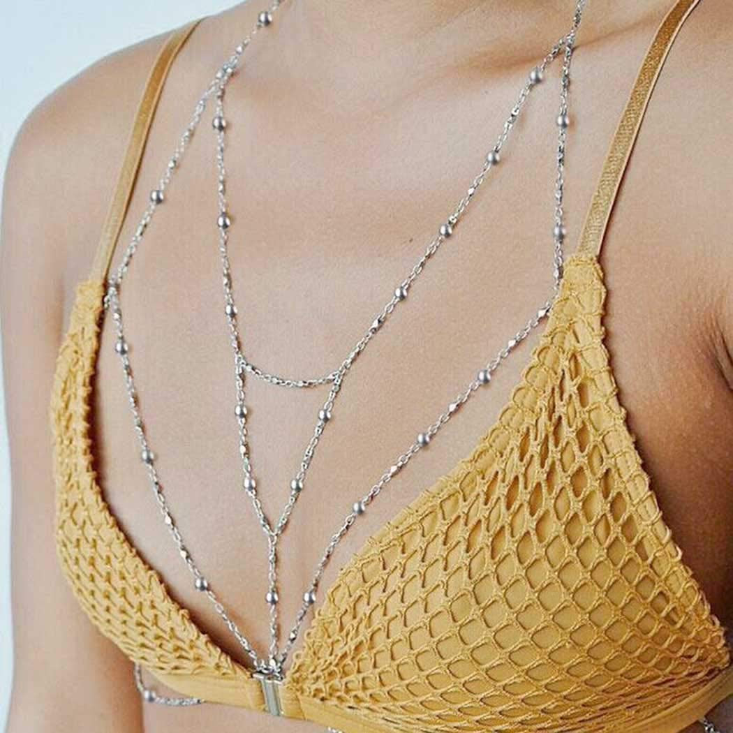 Kakaco Beaded Layered Chest Chain Beach Bikini Body Chains Silver Vest Harness Body Jewelry for Women and Girls Apparel & Accessories > Jewelry > Body Jewelry Kakaco   