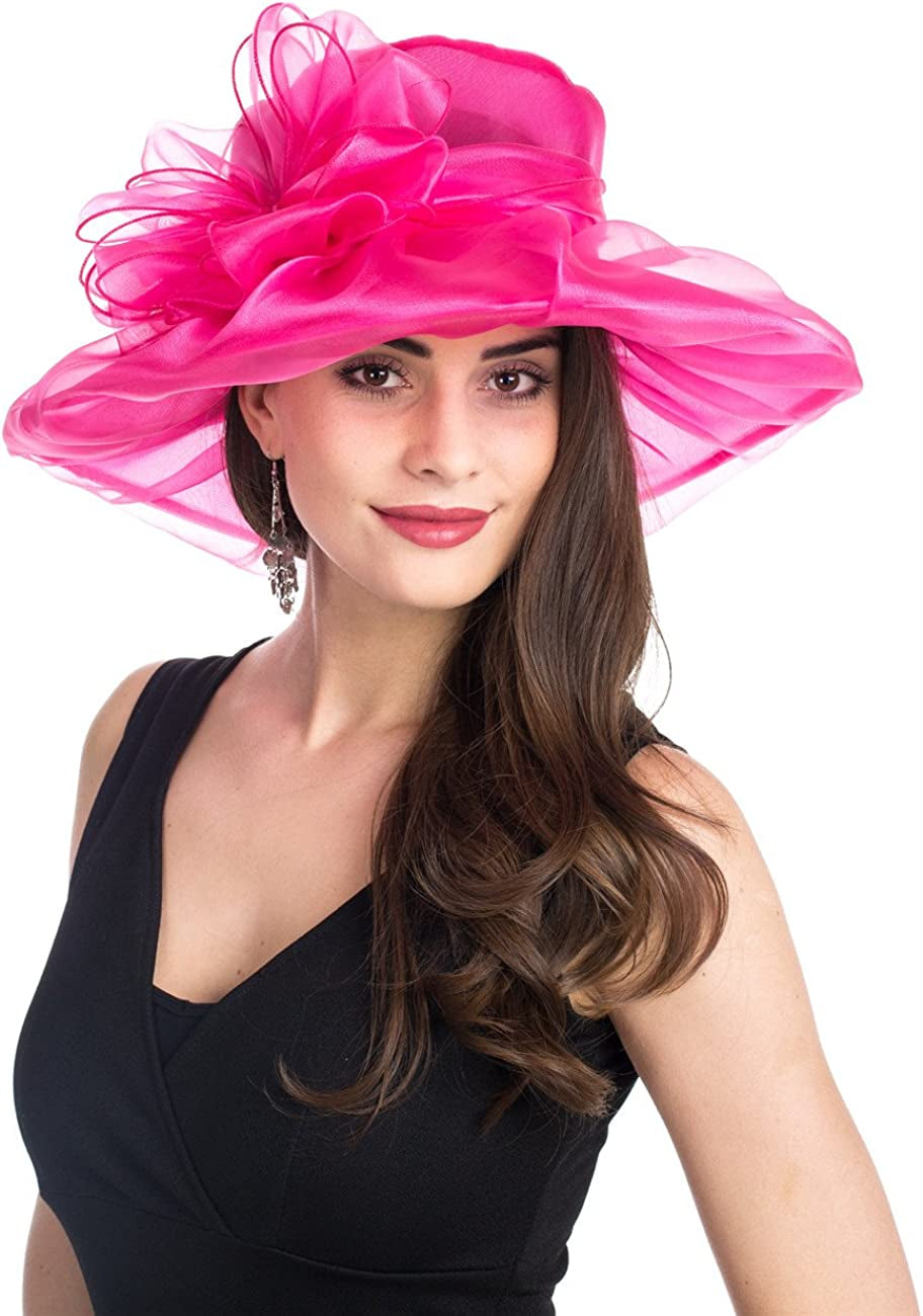 Lucky Leaf Women Kentucky Derby Church Cap Wide Brim Summer Sun Hat for Party Wedding Apparel & Accessories > Clothing Accessories > Headwear Lucky Leaf 1-rose Red  