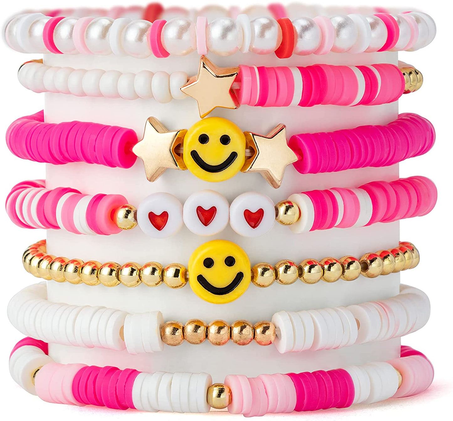 Lietoi Preppy Heishi Bracelets Set Colorful White Gold Smile Heart Star Evil Eye Beaded Polymer Clay Pearl Stackable Charm Y2K Kidcore Summer Beach Bohemian Layering Bracelets Jewelry for Women Girls Teens Apparel & Accessories > Jewelry > Bracelets LieToi Hot Pink  
