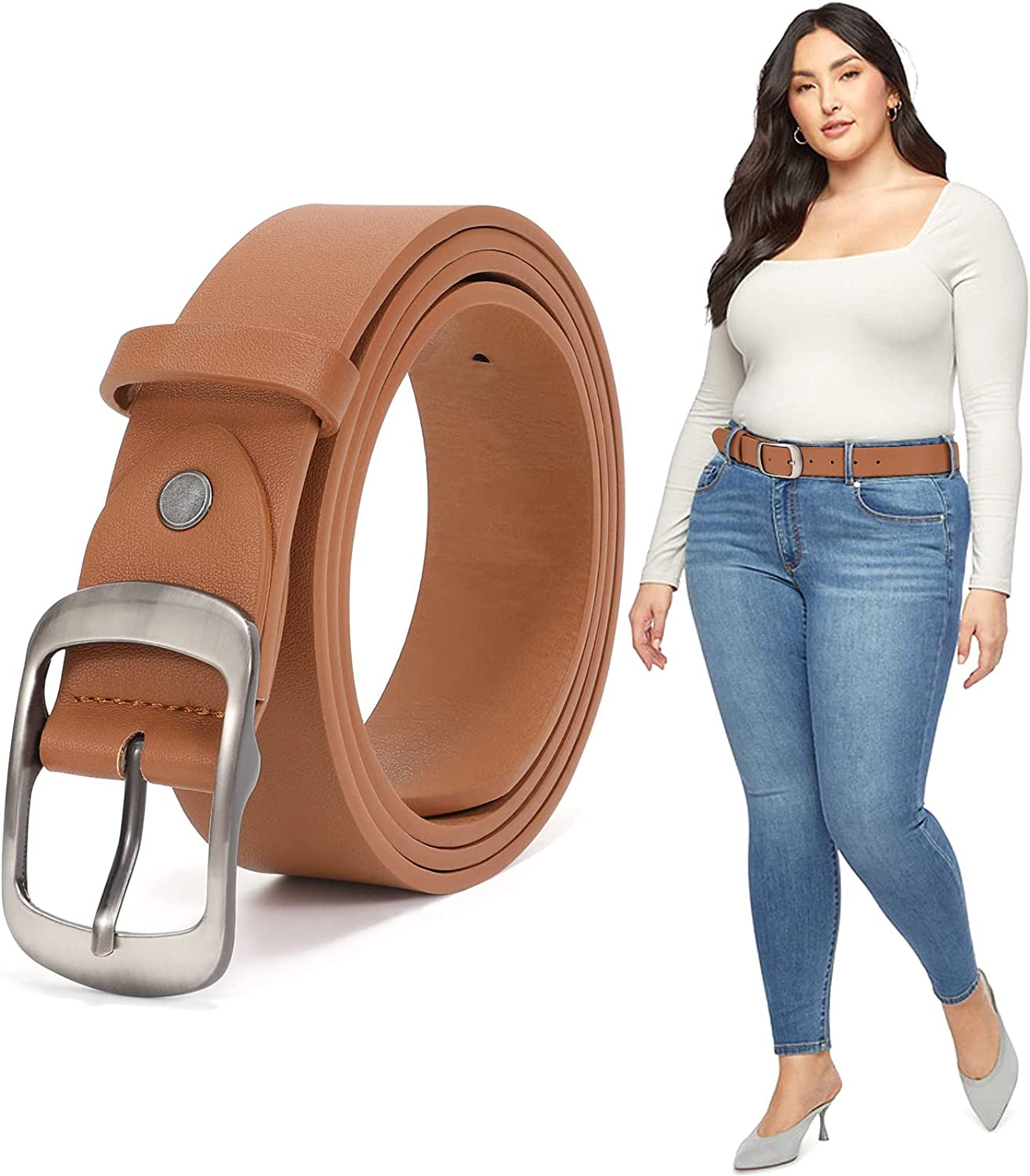 Plus Size Women Leather Belt JASGOOD Black Casual Waist Belt for Jeans Pants with Metal Pin Buckle Apparel & Accessories > Clothing Accessories > Belts KYLIE MAX D-pu Brown Fit Waist Size 53''-57'' 