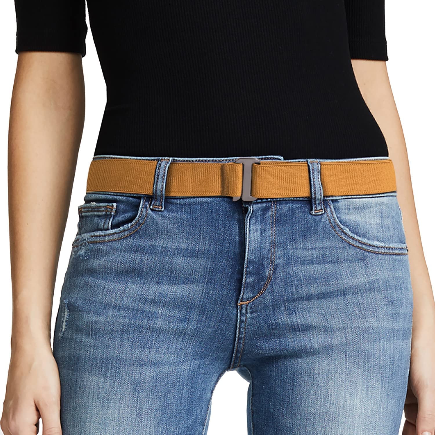 JASGOOD Women No Show Stretch Belt Invisible Elastic Web Strap Belt with Flat Buckle for Jeans Pants Dresses Apparel & Accessories > Clothing Accessories > Belts KYLIE MAX N-brown-guncolor Buckle Suit for US Size 16+ 