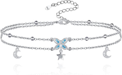 Butterfly Anklet for Women 925 Sterling Silver Layered Anklets Bracelets Adjustable Summer Beach Anklets Jewelry Gifts for Women Girls Wife Grandmother Apparel & Accessories > Jewelry > Anklets Allurelady Star Butterfly  