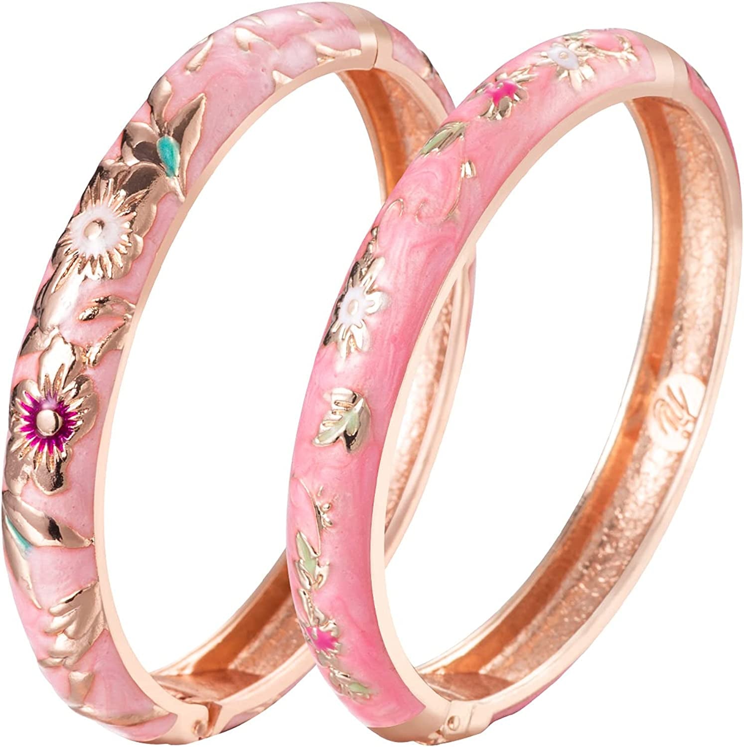 UJOY Cloisonne Bracelet Butterfly Gold Hinge Indian Cuff Bangle Enameled Jewelry Flower Bracelets for Women Gift Box 55A114 Apparel & Accessories > Jewelry > Bracelets UJOY A103-Flower (2 Pcs Set)-Pink  