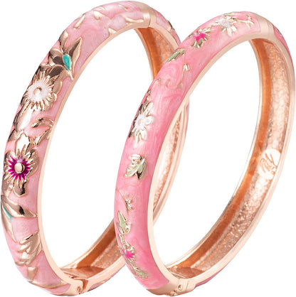 UJOY Cloisonne Bracelet Butterfly Gold Hinge Indian Cuff Bangle Enameled Jewelry Flower Bracelets for Women Gift Box 55A114 Apparel & Accessories > Jewelry > Bracelets UJOY A103-Flower (2 Pcs Set)-Pink  