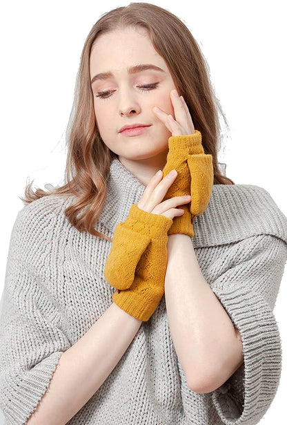 BYOS Women'S Winter Cozy Diamond Pattern Fleece Lined Flip Top Convertible Knit Gloves Mittens Apparel & Accessories > Clothing Accessories > Gloves & Mittens Be Your Own Style Mustard Yellow  