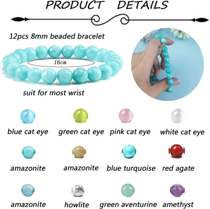 FINZOR 12 Pcs 8Mm Gemstones Beaded Bracelets for Women Men Stone Bead Healing Stretch round Bead Crystal Semi-Precious Bracelets Unisex Apparel & Accessories > Jewelry > Bracelets FINZOR   