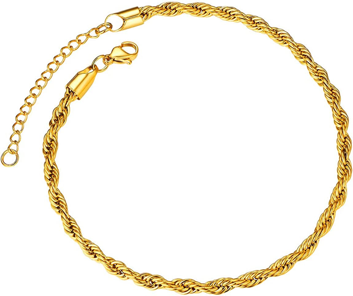 Chainspro Resizable Anklet Chain for Women Men, Figaro/Wheat/Twist Rope/Cuban Foot Bracelet-Strong with Good Clasp-18K Gold Plated(Send Gift Box) Apparel & Accessories > Jewelry > Anklets ChainsPro 09:twsit rope-Gold  