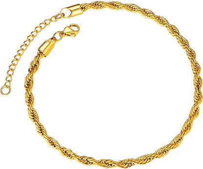 Chainspro Resizable Anklet Chain for Women Men, Figaro/Wheat/Twist Rope/Cuban Foot Bracelet-Strong with Good Clasp-18K Gold Plated(Send Gift Box) Apparel & Accessories > Jewelry > Anklets ChainsPro 09:twsit rope-Gold  