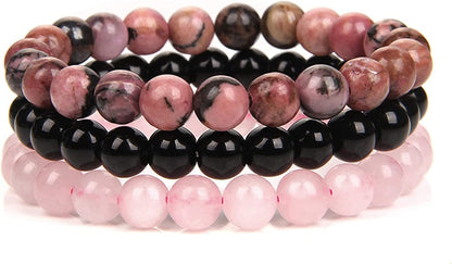 SONNYX 3Pcs 8Mm Semi-Precious Gemstones Beaded Bracelets for Women Men Healing Crystal Stone Bracelet Stretch round Beaded Elastic Bracelets Unisex Jewelry Gifts Apparel & Accessories > Jewelry > Bracelets SONNYX Pink  