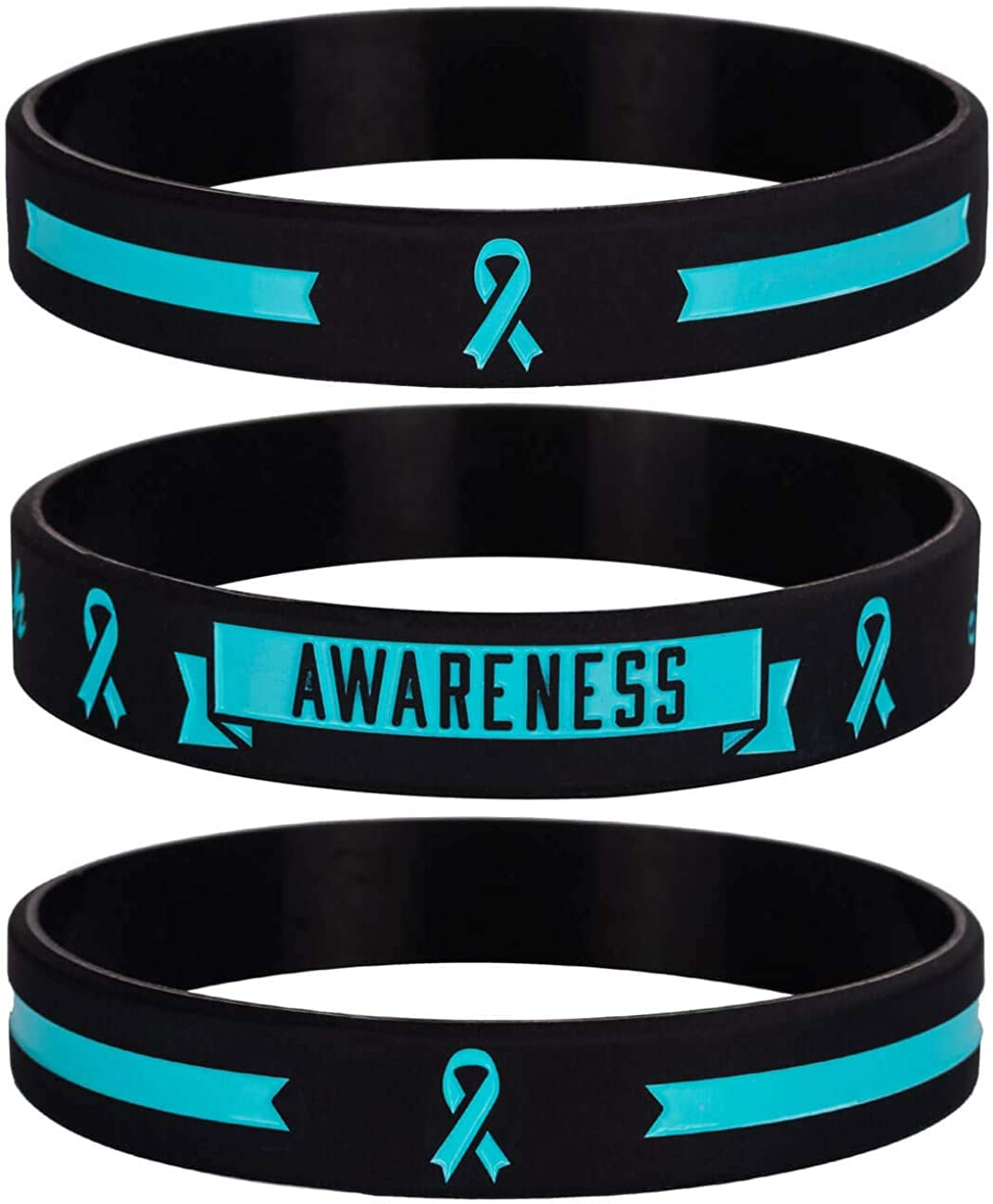 Sainstone Teal Cancer & Cause Awareness Ribbon Bracelets with Saying, Set of 3 Silicone Rubber Wristbands Gifts for Men Women, Patients Survivors (Ovarian Cancer Teal) Apparel & Accessories > Jewelry > Bracelets Sainstone   