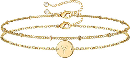 MONOZO Gold Initial Bracelets for Women, Dainty 14K Gold Filled Layered Beaded Letter Initial Bracelet Personalized 26 Alphabet Disc Monogram Charm Bracelet Jewelry Gifts for Girls Apparel & Accessories > Jewelry > Bracelets MONOZO Y  