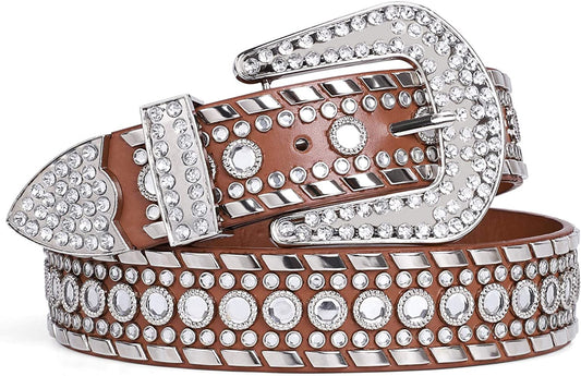 Rhinestone Belt for Men Women SUOSDEY Western Cowboy Cowgirl Bling Studded Leather Belt for Jeans Pants Apparel & Accessories > Clothing Accessories > Belts SUOSDEY 04-brown S: fits pants size 28”-32”