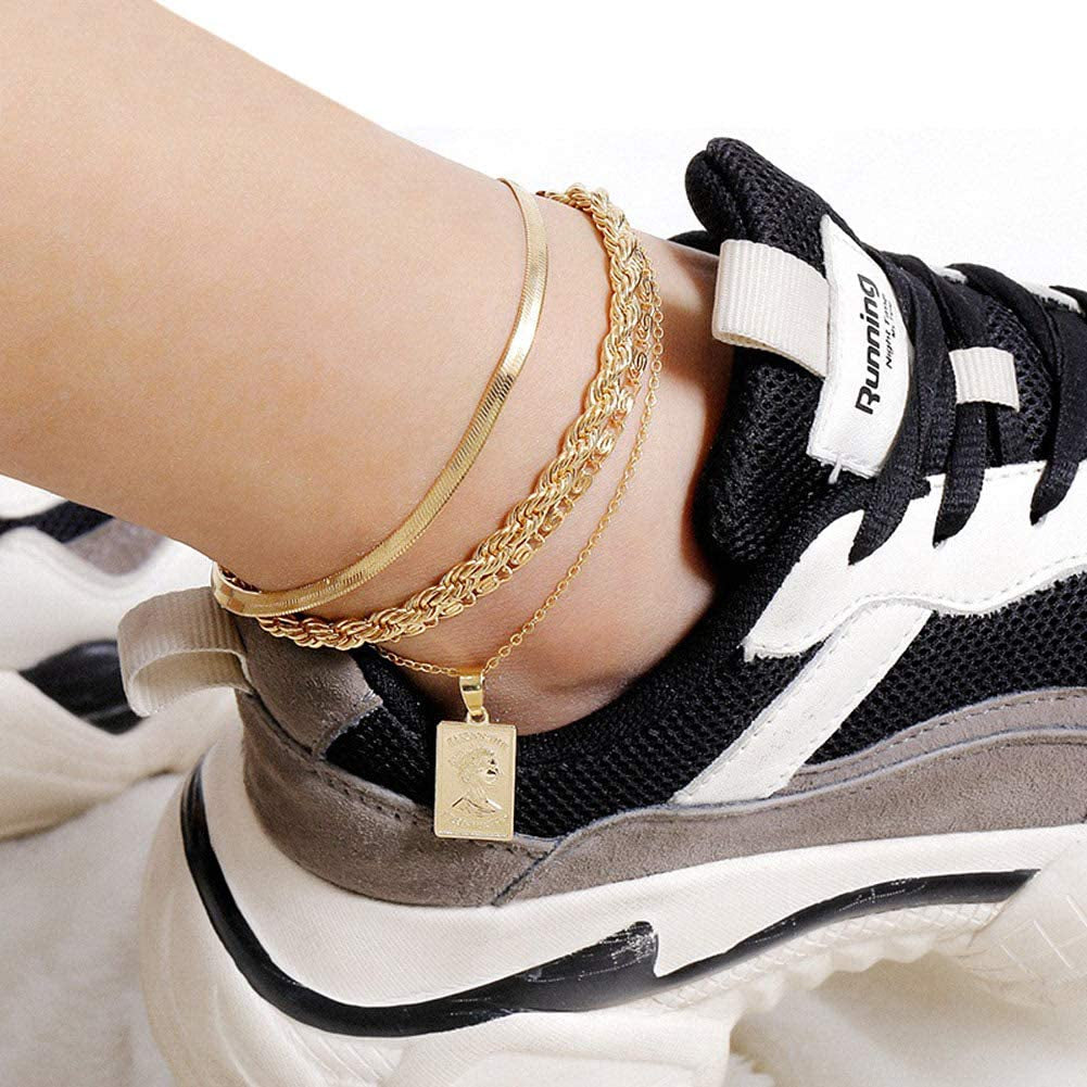 QJLE 18K Gold Plated Flat Snake Chain Link Dainty Ankle Bracelets for Women, Boho Cute Summer Beach Anklet Adjustable Foot Jewelry Apparel & Accessories > Jewelry > Anklets QJLE   