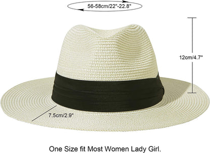 Lanzom Women Wide Brim Straw Panama Roll up Hat Belt Buckle Fedora Beach Sun Hat UPF50+ Apparel & Accessories > Clothing Accessories > Hats Lanzom   