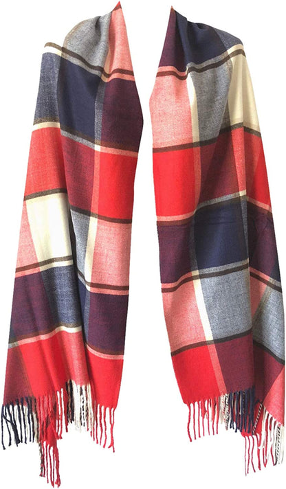 Women Oversized Scottish Clan Tartan Plaid Cashmere Feel Shawl Wrap Winter Scarf Apparel & Accessories > Clothing Accessories > Scarves & Shawls NY GOLDEN FASHION Red/Navy/Beige Check  
