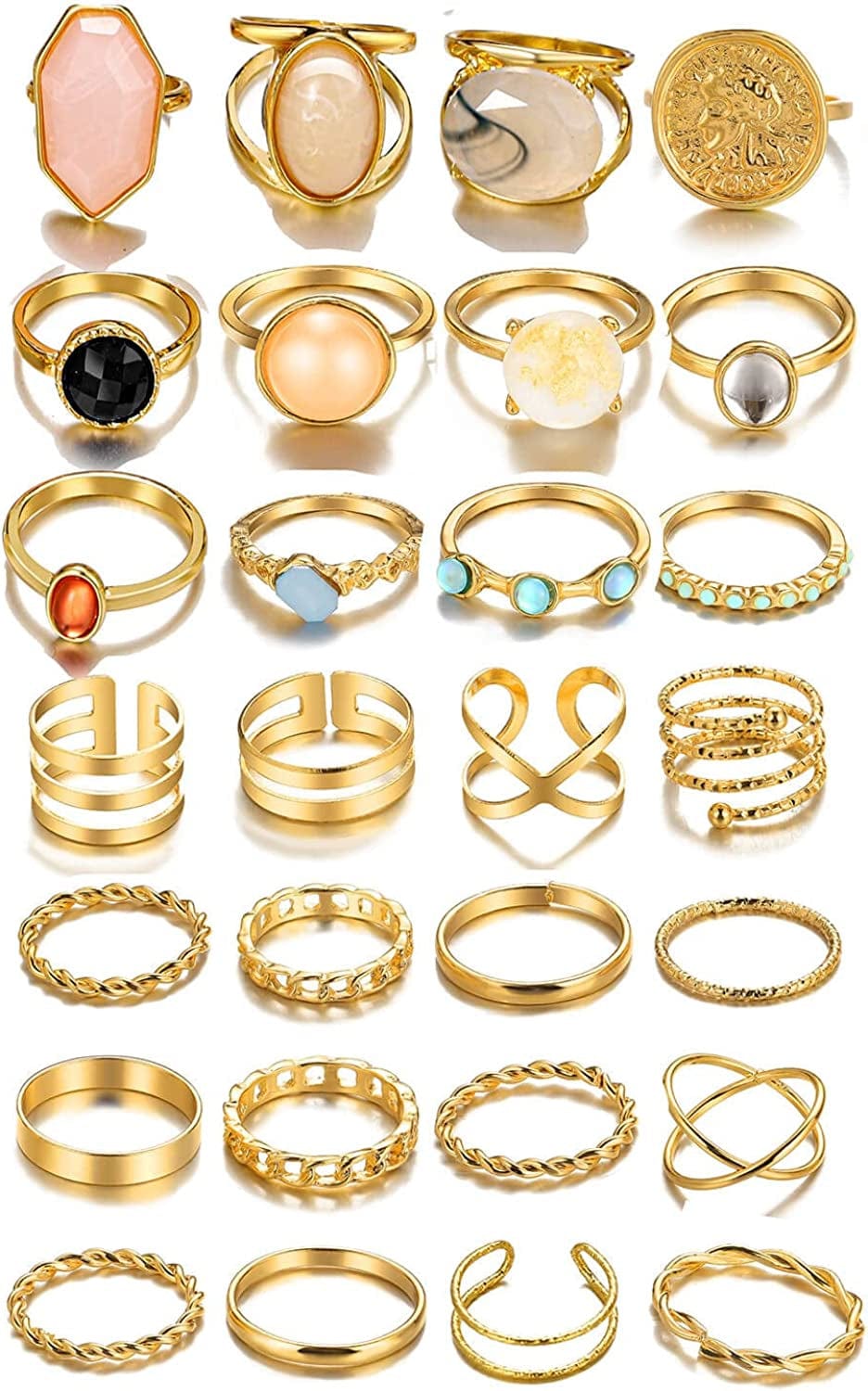 28-60Pcs Gold Ring Sets for Teens Girls, Boho Crystal Women'S Stacking Rings Pack, Stackable Knuckle Finger Mood Rings Sets Gold-28pcs