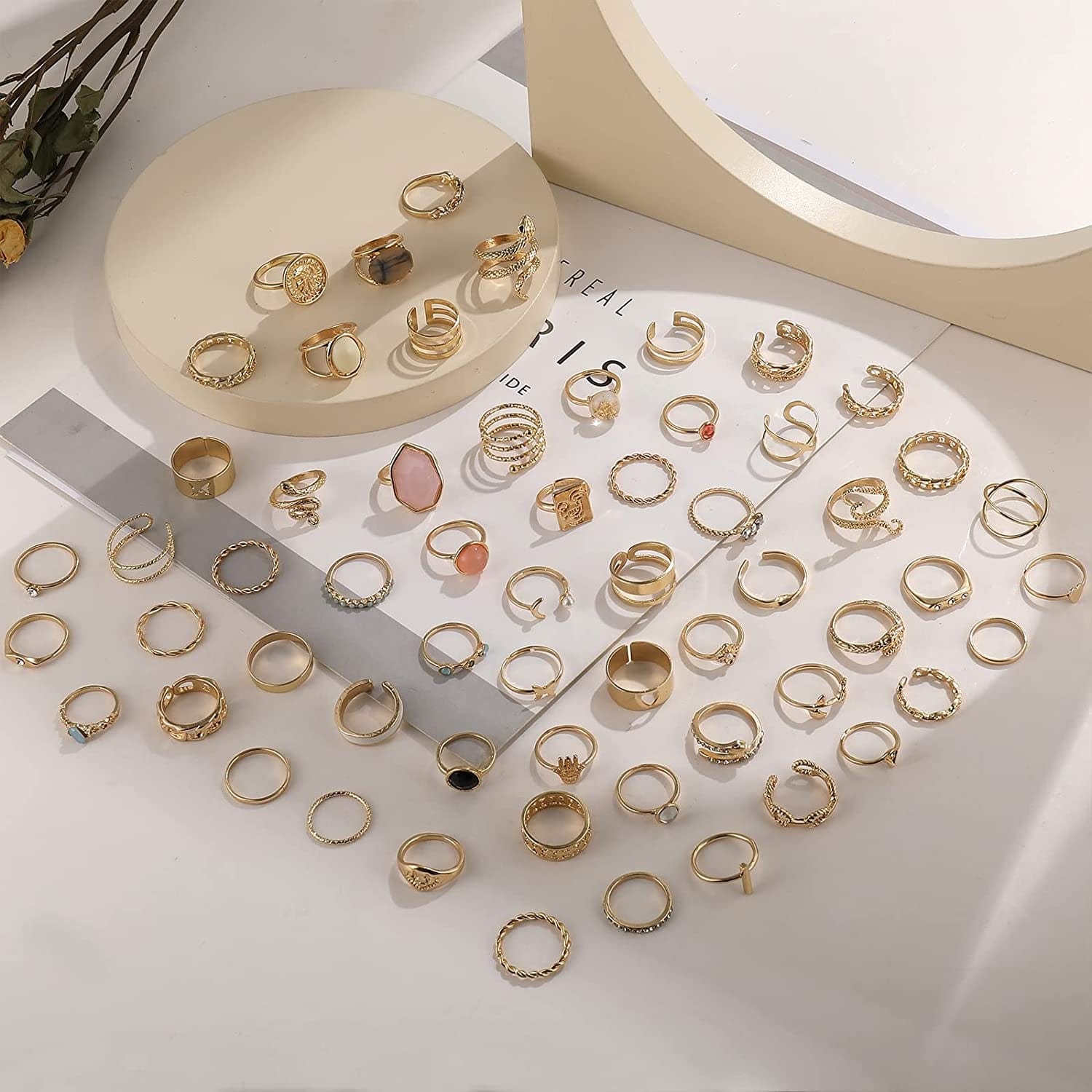 28-60Pcs Gold Ring Sets for Teens Girls, Boho Crystal Women'S Stacking Rings Pack, Stackable Knuckle Finger Mood Rings Sets