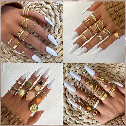 28-60Pcs Gold Ring Sets for Teens Girls, Boho Crystal Women'S Stacking Rings Pack, Stackable Knuckle Finger Mood Rings Sets