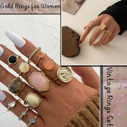 28-60Pcs Gold Ring Sets for Teens Girls, Boho Crystal Women'S Stacking Rings Pack, Stackable Knuckle Finger Mood Rings Sets