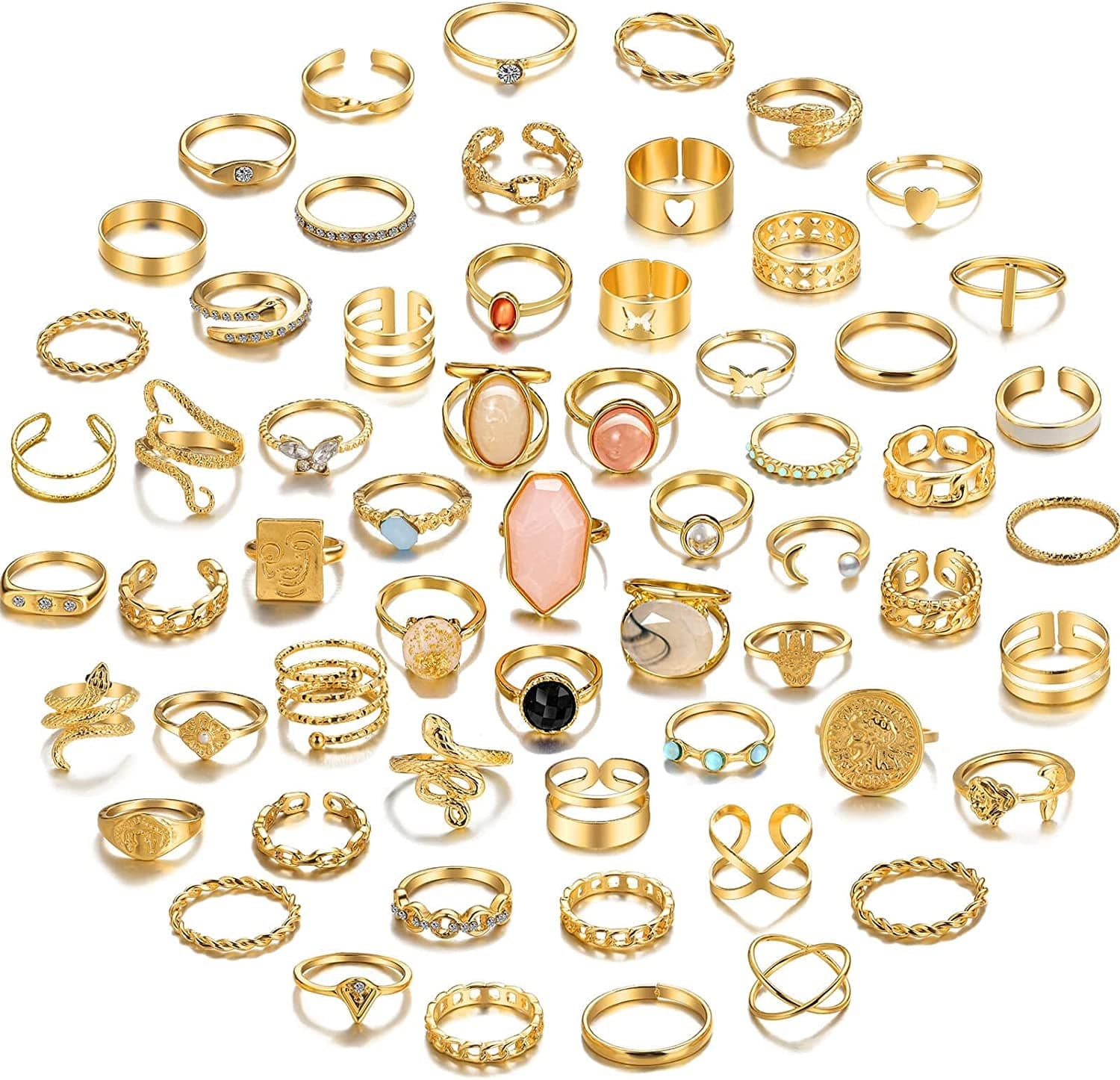 28-60Pcs Gold Ring Sets for Teens Girls, Boho Crystal Women'S Stacking Rings Pack, Stackable Knuckle Finger Mood Rings Sets 01-Gold-60pcs