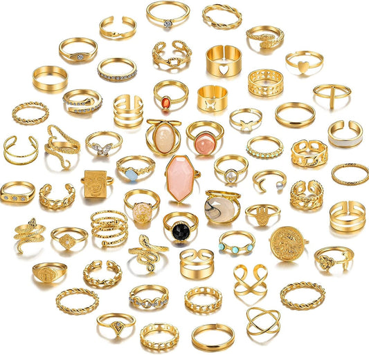 28-60Pcs Gold Ring Sets for Teens Girls, Boho Crystal Women'S Stacking Rings Pack, Stackable Knuckle Finger Mood Rings Sets 01-Gold-60pcs
