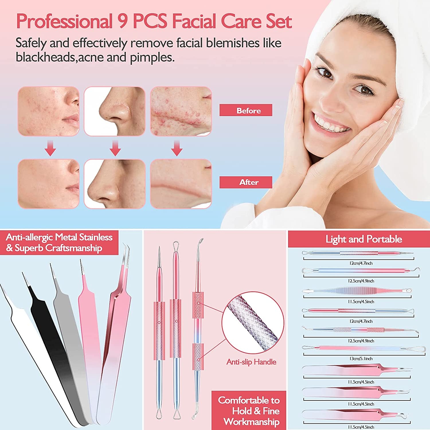 Kresecioo 9 PCS Blackhead Remover Tools, Pimple Popper Tool Kit, Acne Tools Extractor Kit Professional for Nose Face, Blemish Whitehead Zit Popping Tool with Portable Leather Bag(Pink) Health & Beauty > Personal Care > Cosmetics > Cosmetic Tools > Skin Care Tools Kresecioo   