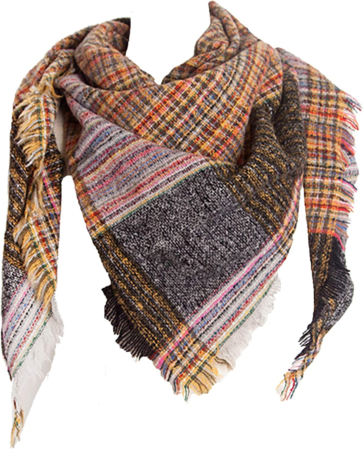 Wander Agio Womens Warm Scarf Triangle Shawls Winter Scarves Stripe Plaid Fichu Rough Surface Apparel & Accessories > Clothing Accessories > Scarves & Shawls Wander Agio Plaid Yellow 38  
