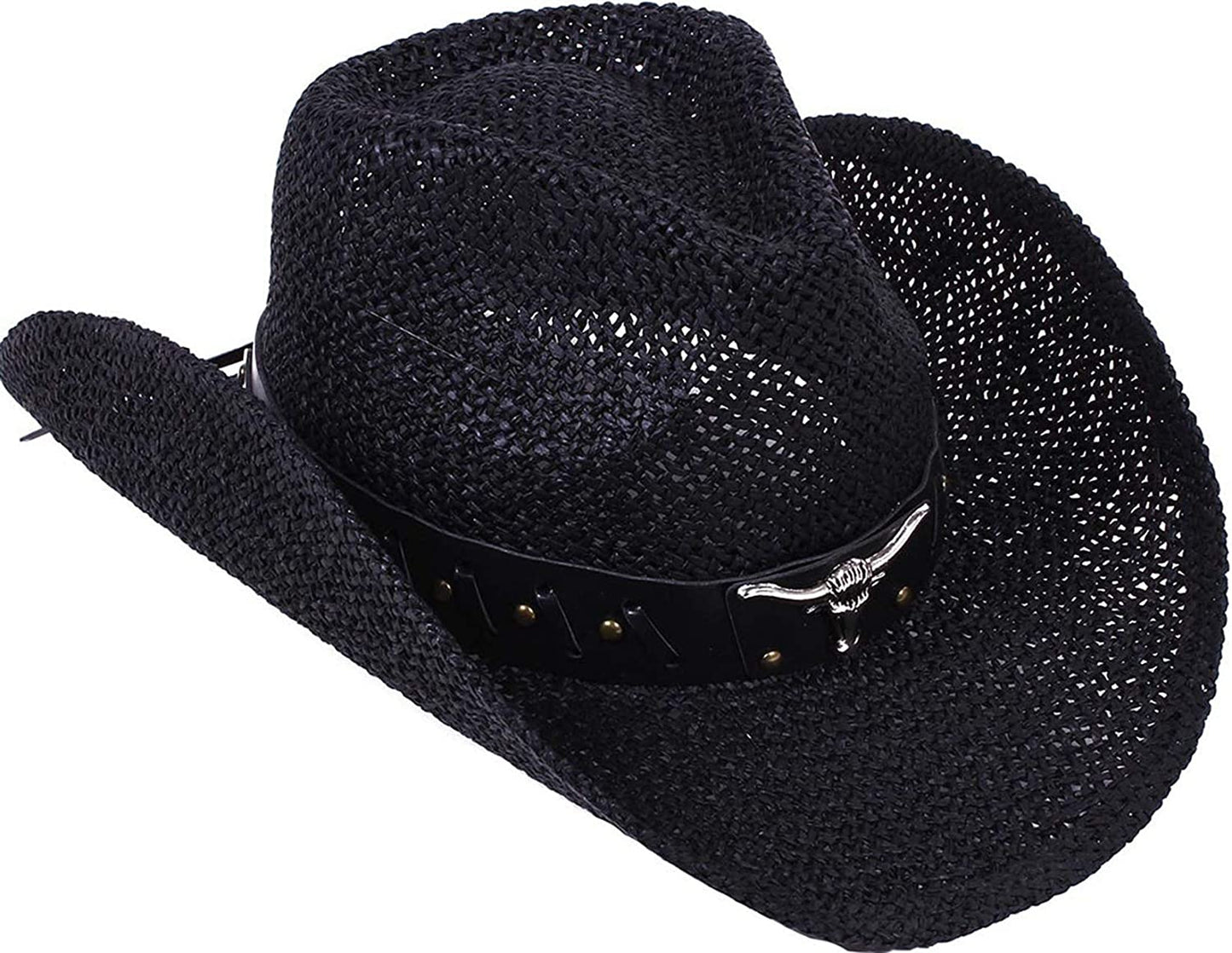 Livingston Men & Women'S Woven Straw Cowboy Hat W/Hat Band Apparel & Accessories > Clothing Accessories > Hats KYLIE MAX Black  