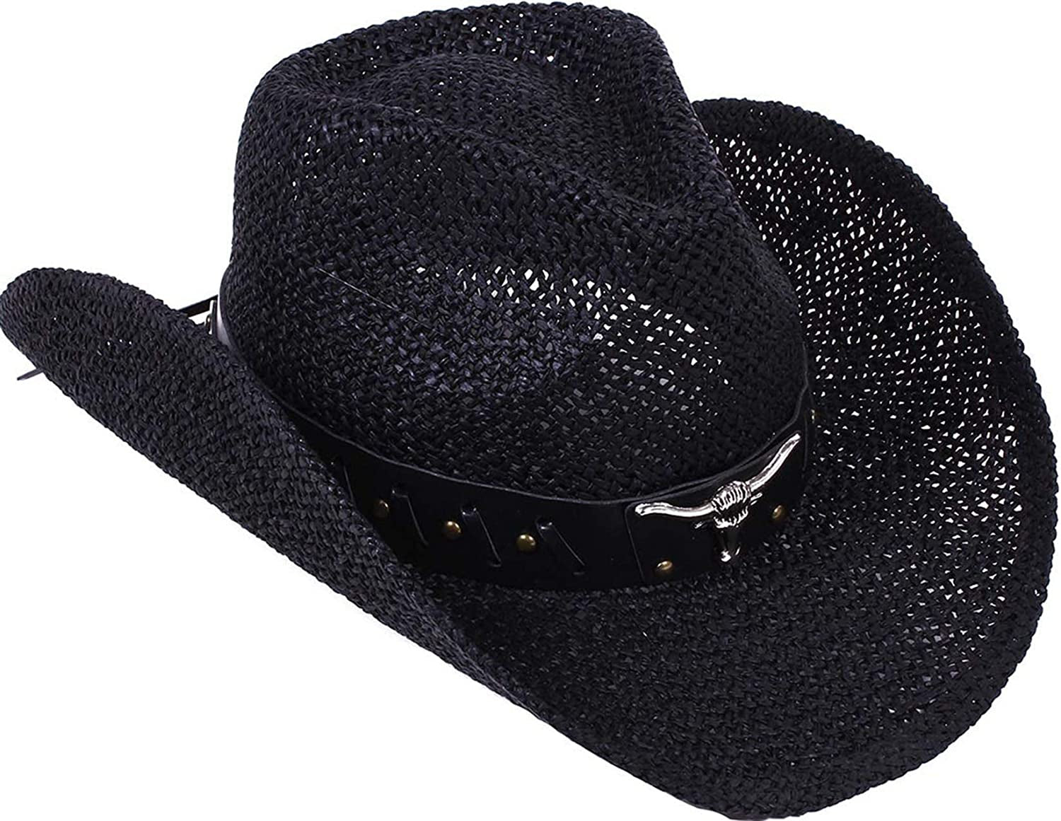 Livingston Men & Women'S Woven Straw Cowboy Hat W/Hat Band Apparel & Accessories > Clothing Accessories > Hats KYLIE MAX Black  