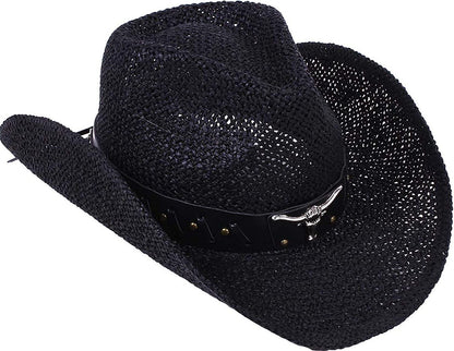 Livingston Men & Women'S Woven Straw Cowboy Hat W/Hat Band Apparel & Accessories > Clothing Accessories > Hats KYLIE MAX Black  