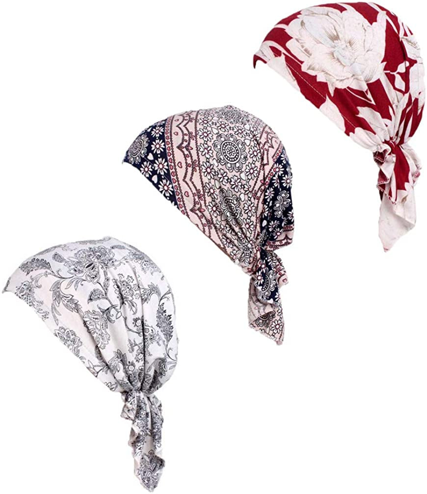 Pre Tied Chemo Head Scarf 3 Packed Beanie Skull Cover Cap for Women (Set6-Long Style) Apparel & Accessories > Clothing Accessories > Bandanas & Headties Qovelly A3-3 Packed  