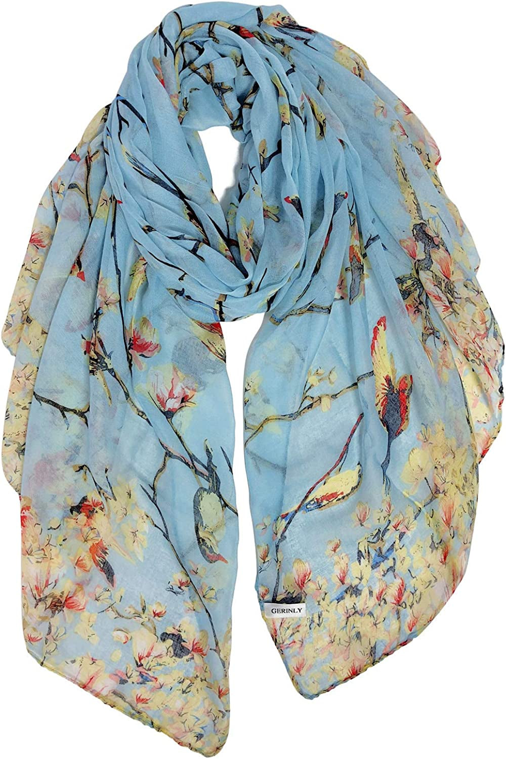 GERINLY Scarfs for Women Lightweight Floral Birds Print Cotton Scarves and Wraps for Holiday Shawl Apparel & Accessories > Clothing Accessories > Scarves & Shawls GERINLY A-lightblue  