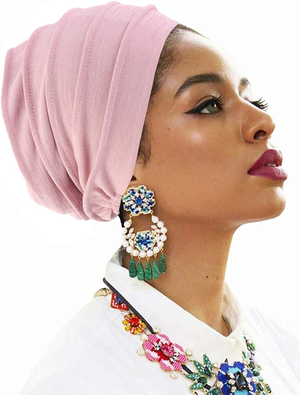 Pleated Chemo Cotton Turban Hat Alopecia Headwear Bald Head Cap for Cancer Covers Women Scarf Apparel & Accessories > Clothing Accessories > Headwear Harewom Pink One Size-Large 