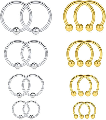 Ruifan 16-24PCS 16G Surgical Steel Horseshoe & Captive Bead Nose Hoop Septum Earring Eyebrow Tongue Lip Nipple Helix Tragus Piercing Jewelry Rings 6-16Mm Apparel & Accessories > Jewelry > Rings Ruifan 16PCS - Silver & Gold  