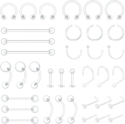 Piercingart 36Pcs Clear Piercing Retainers Bioflex Nose Tongue Nipple Belly Rings Eyebrow Lip Nose Studs Cartilage Tragus Earring Retainer Industrial Bar Plastic Piercing Jewelry for Surgery Apparel & Accessories > Jewelry > Body Jewelry PiercingArt 36 Pcs Mix Style-nose stud and ring  
