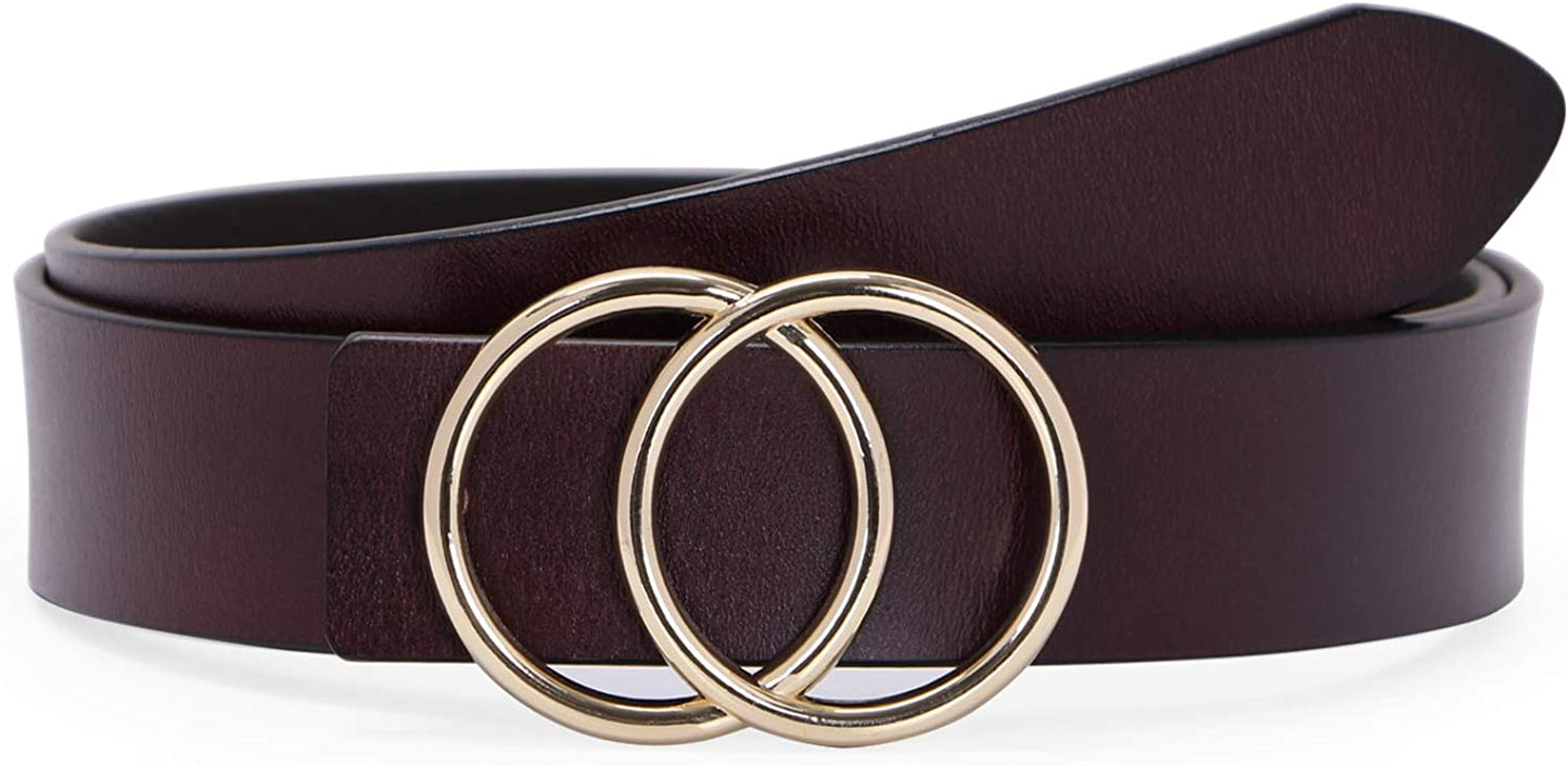 Women Leather Belt Fashion Double O-Ring Soft Faux Leather Waist Belts for Jeans Dress Apparel & Accessories > Clothing Accessories > Belts SUOSDEY K-coffee/Gold Removable Buckle S: 22''-26'' Waist Size 