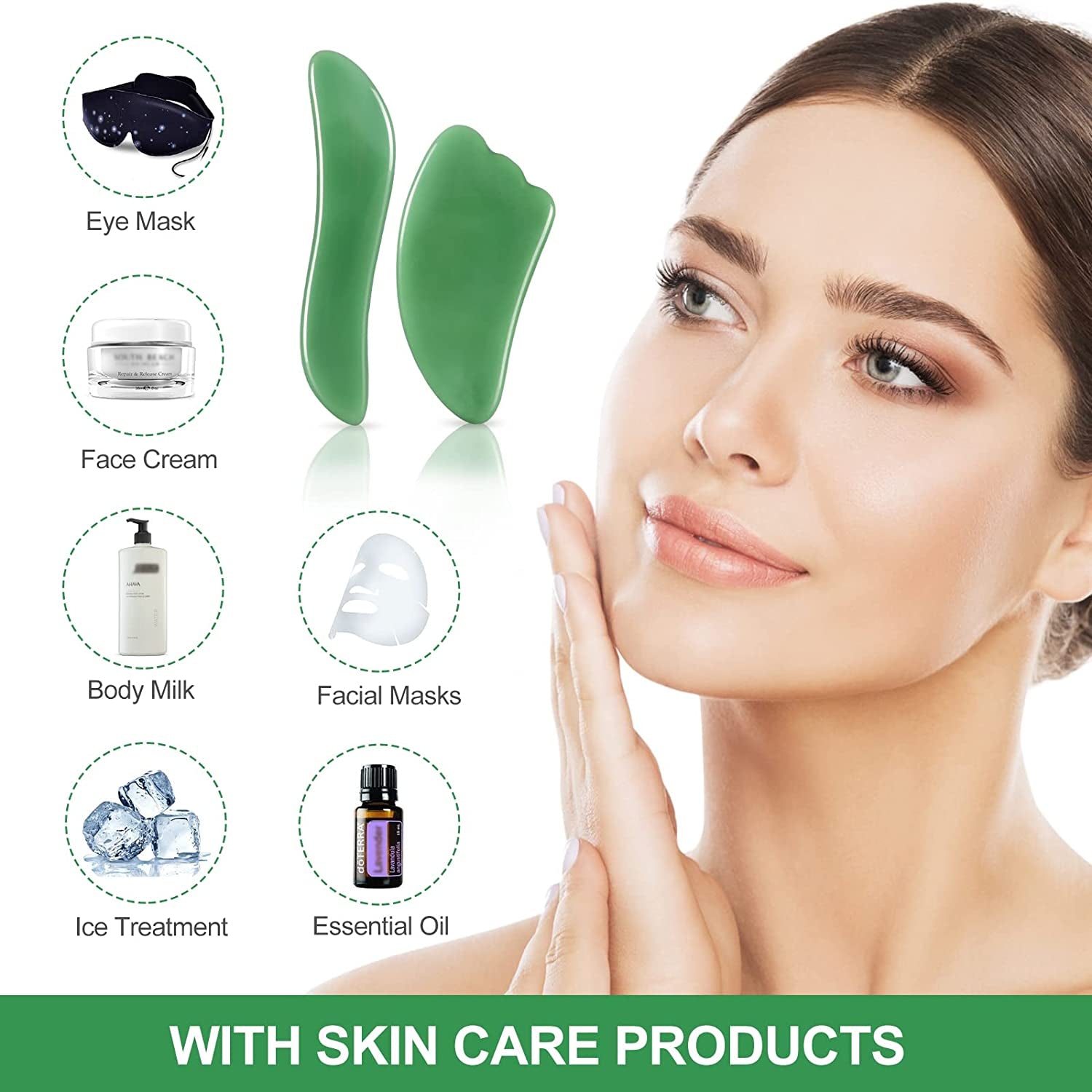 Gua Sha Facial Tools Set of 5 - Natural Jade Gua Sha Massage Broad for SPA Salon Acupuncture Skin Facial Care Treatment Therapy Trigger Point Treatment for Face, Emerald Health & Beauty > Personal Care > Cosmetics > Cosmetic Tools > Skin Care Tools SMIFACE   