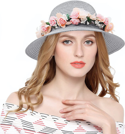 Lovful Fashion Flower Lace Ribbon Wide Brim Caps Summer Beach Sun Protective Hat Straw Hats for Women Apparel & Accessories > Clothing Accessories > Hats KYLIE MAX Gray  